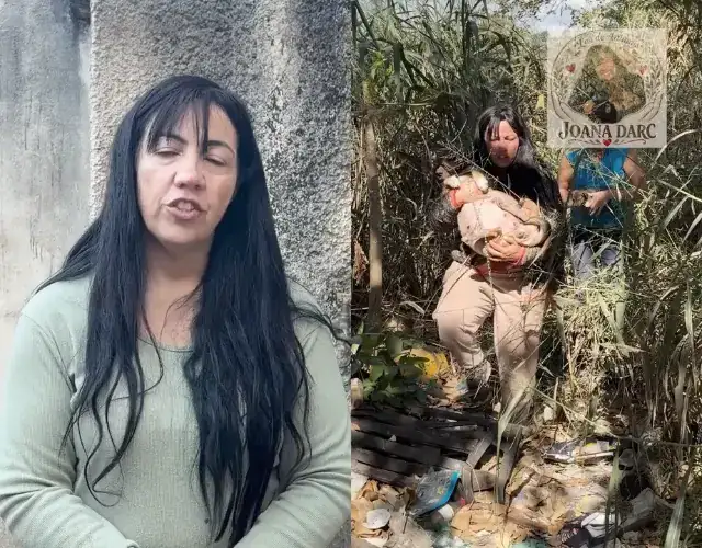 Joana conta, em vídeo, a história do Lar Joana Darc; ao lado, ela carrega um animal resgatado